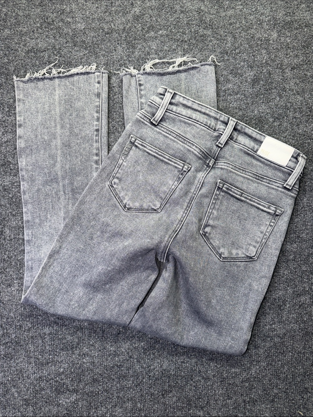 PAIGE Claudine Washed Gray High-Rise Flare Prominent Raw Hem Flare Jeans